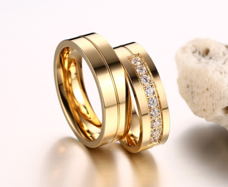 Titanium Steel Couple Rings with Diamond Inlay