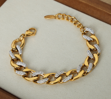 Zircon Titanium Steel Chunky Cuban Chain Bracelet (One)