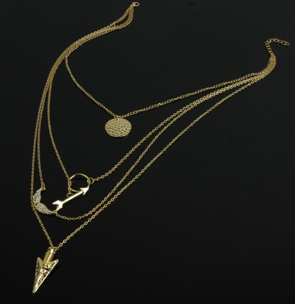 Angel Wing Necklace with Layered Design and Arrow Pendant