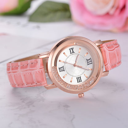 Women's Quartz Watch with Rhinestones and Leather Band