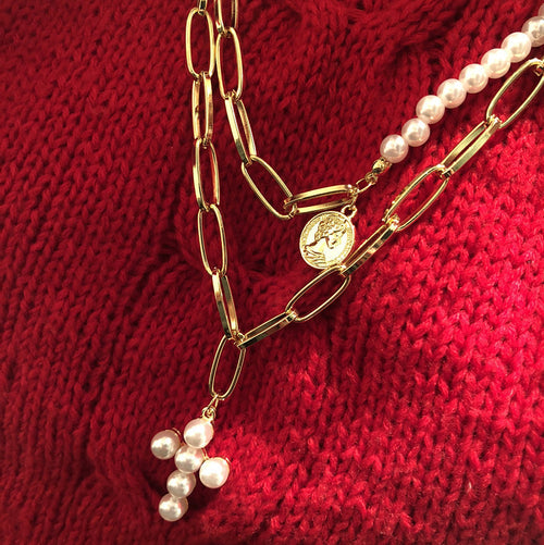 Vintage Pearl Cross Choker Necklace with Queen Pendant
