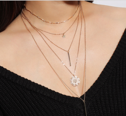Vintage Multi-Element Layered Necklace Set with Sunflower