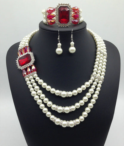 Fashion Pearl Necklace Set with Earrings and Bracelet