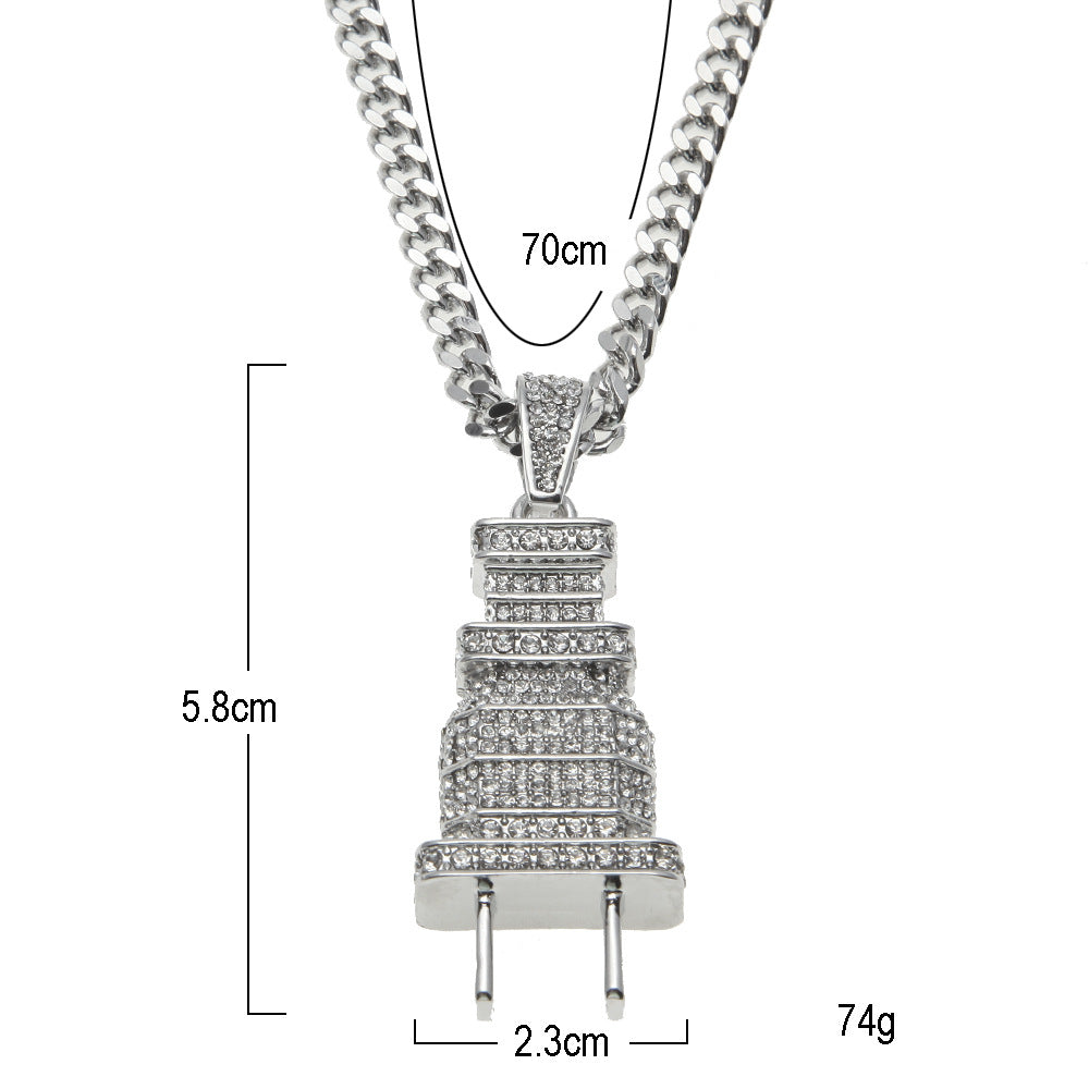 Full Rhinestone Plug Necklace with Hip Hop Pendant