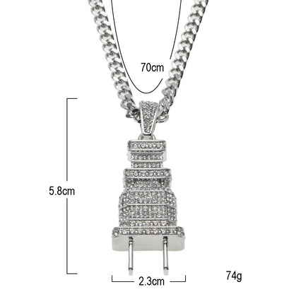 Full Rhinestone Plug Necklace with Hip Hop Pendant