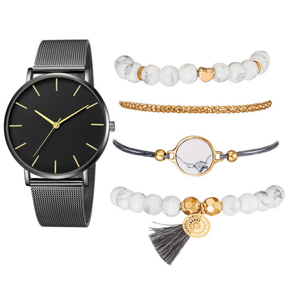 Casual Ladies Watch with Alloy Strap and Bracelet Combo