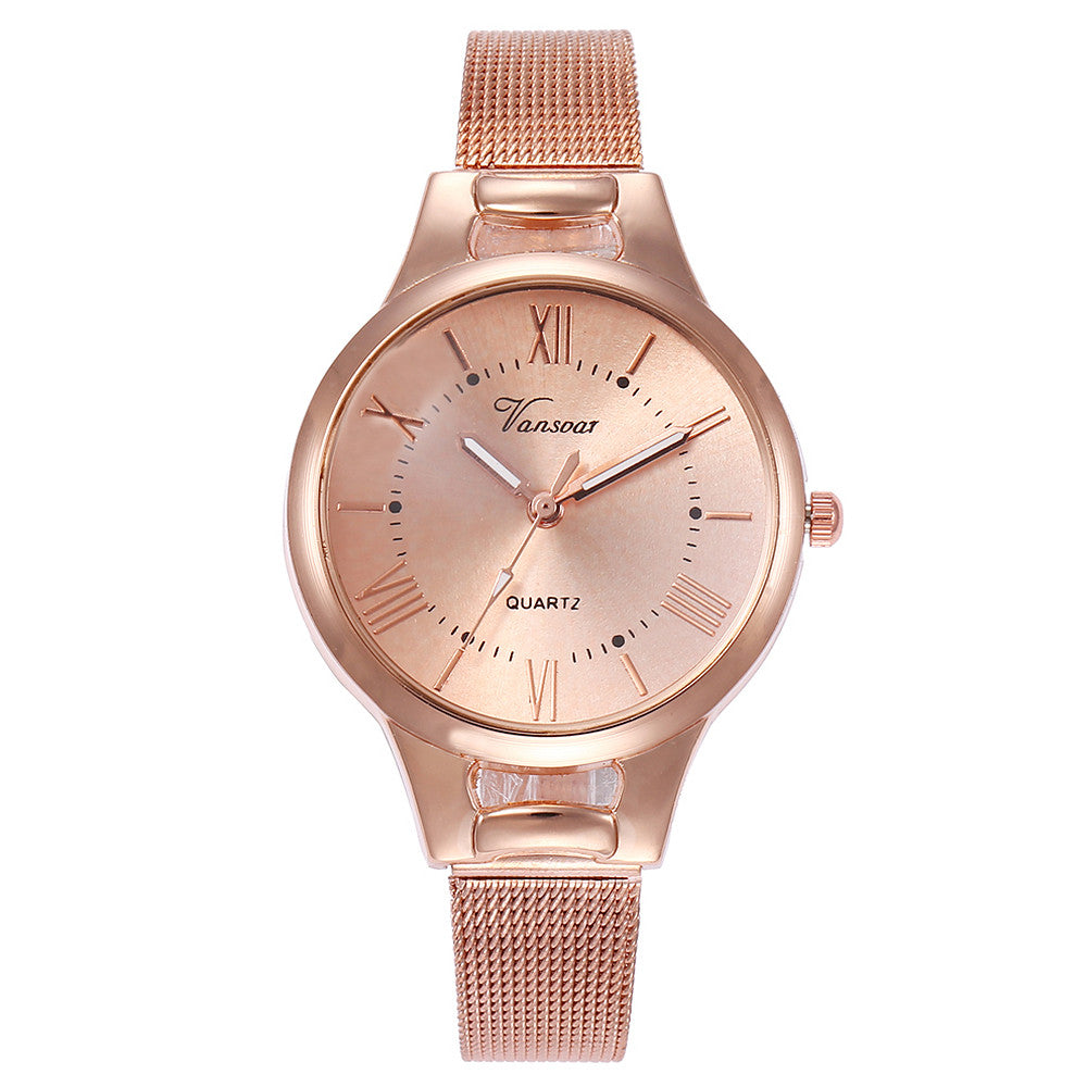 Minimalist Roman Numeral Quartz Watch with Alloy Mesh Strap