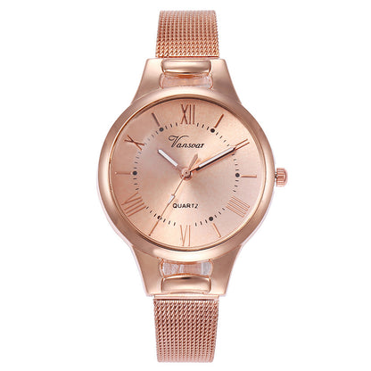 Minimalist Roman Numeral Quartz Watch with Alloy Mesh Strap