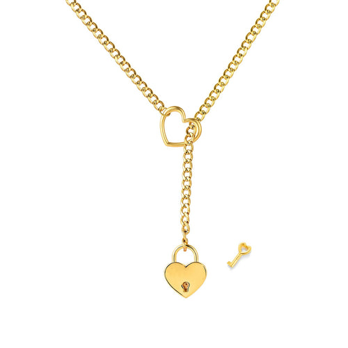 MIFYNN Heart O ring Slip Chain Necklace for Women Stainless Steel Cuban Chain Heart Necklace Punk Rock Collar Necklace Handmade Adjustable Lariat Y Necklace for Men (Gold lock)