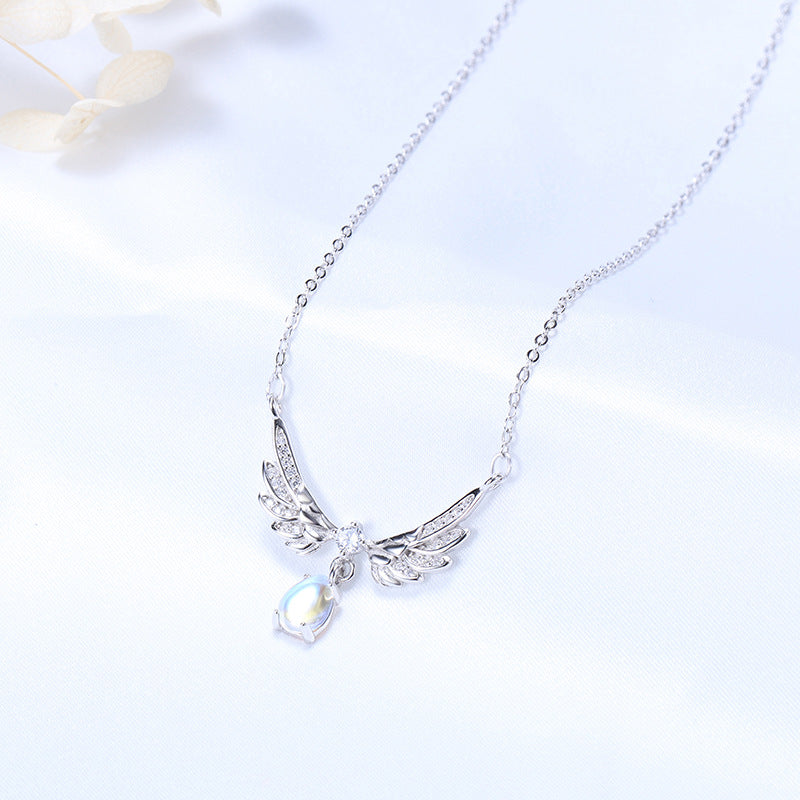 S925 Silver Angel Wing Necklace with Moonstone