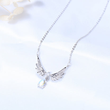 S925 Silver Angel Wing Necklace with Moonstone