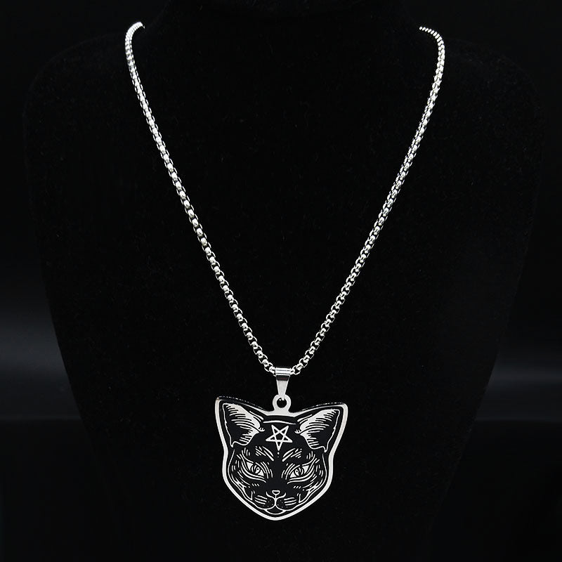 Cross-Border Fashion Pentagram Cat Stainless Steel Necklace