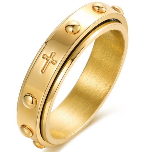 Adreamz 6mm Gold Spinner Rosary Ring for Anxiety Fidget Lords Prayer Cross Ring with Anti-worry Beads Cross Wedding Bands for Men Women 10