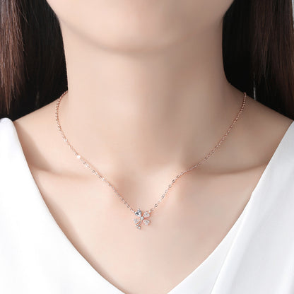 Diamond-Studded Four-Leaf Clover Silver Necklace