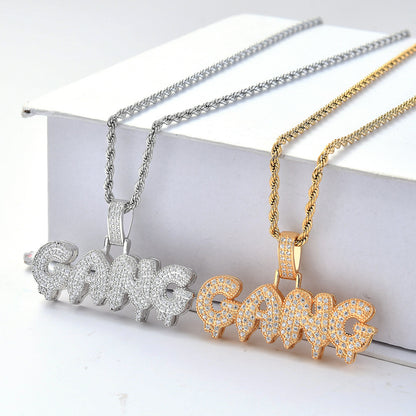 GANG Letter Hip Hop Pendant Necklace with Zirconia