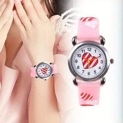 Kids' Quartz Watch with Heart Design and Cartoon Style