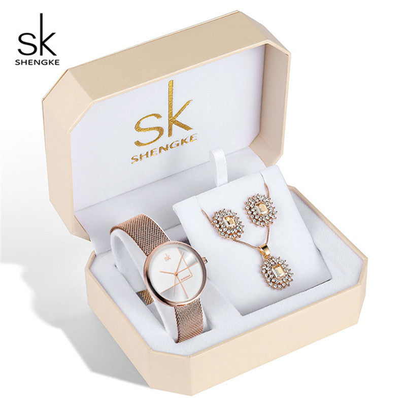 Shengke Women's Watch Set with Earrings and Necklace
