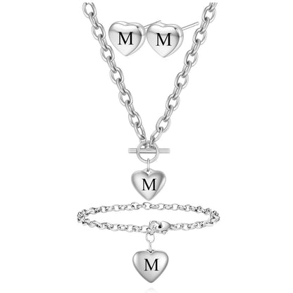 LXBQYSTO Womens 3 Pieces Heart Name Necklace Bracelet Earrings Jewelry Set Stainless Steel A-Z letters Jewelry Suits (M1 Silver)