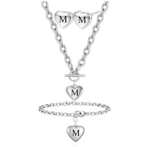 LXBQYSTO Womens 3 Pieces Heart Name Necklace Bracelet Earrings Jewelry Set Stainless Steel A-Z letters Jewelry Suits (M1 Silver)