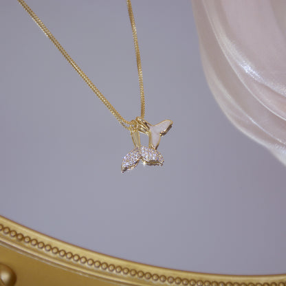14K Gold Short Fish Tail Design Necklace with Zirconia