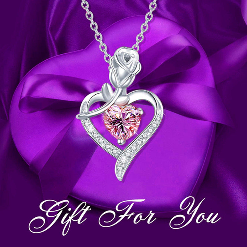 Fashion Rose Heart-Shaped Diamond Pendant Necklace