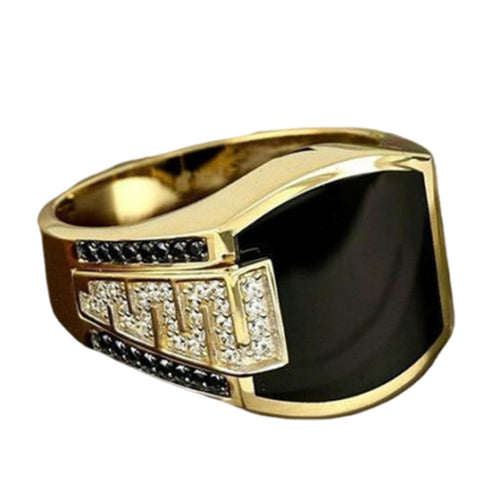 Hip Hop Ring for Men Fashion Cuban Link Chain Ring Retro 18K Gold Plated with Black Agate Classic Color-Preserving Luxury Fashion Diamond Ring gentleman sise 6-13 (7)