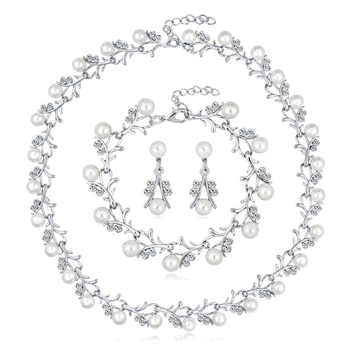 Fashion Floral Pearl Jewelry Set with Earrings, Necklace, Bracelet