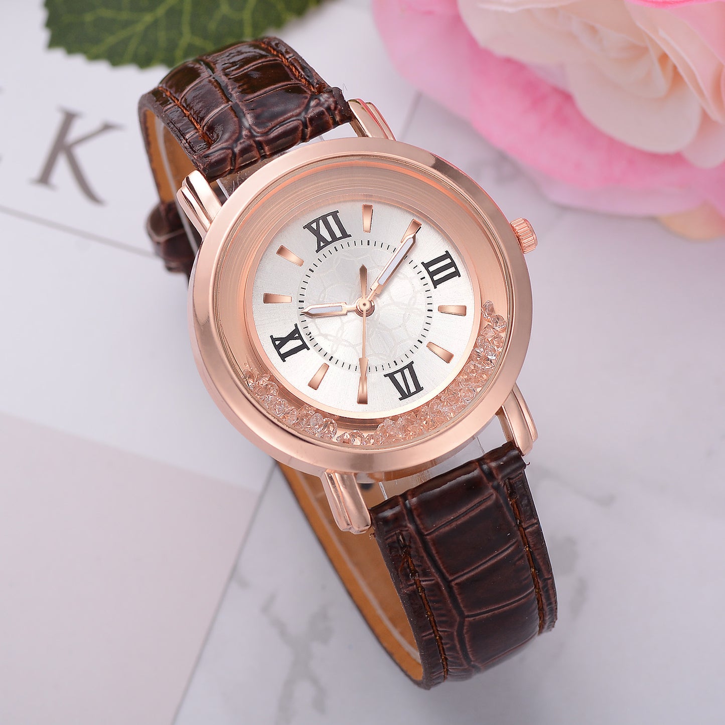 Women's Quartz Watch with Rhinestones and Leather Band