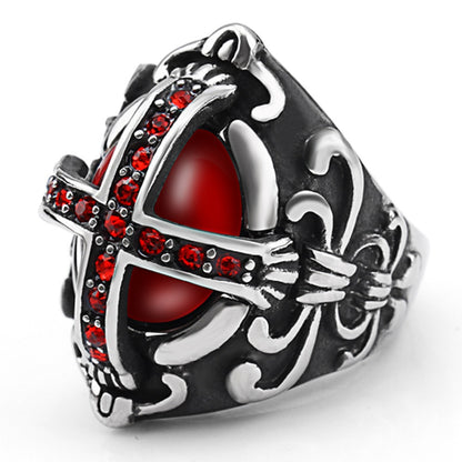 Gothic Style Men's Cross Ring with Red Gemstone