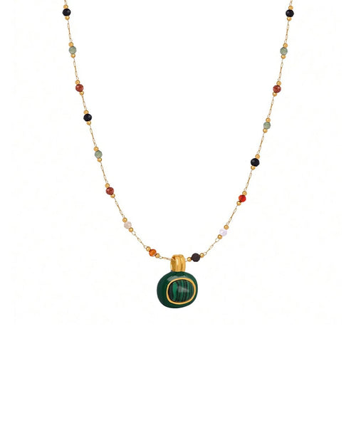 Karmiir Womens Pendant Necklace Beaded Natural Stones with Malachite Pendant -18K Gold-Plated Non-tarnish Necklace 18" Layering jewelry (multicolour necklace + green pendant)