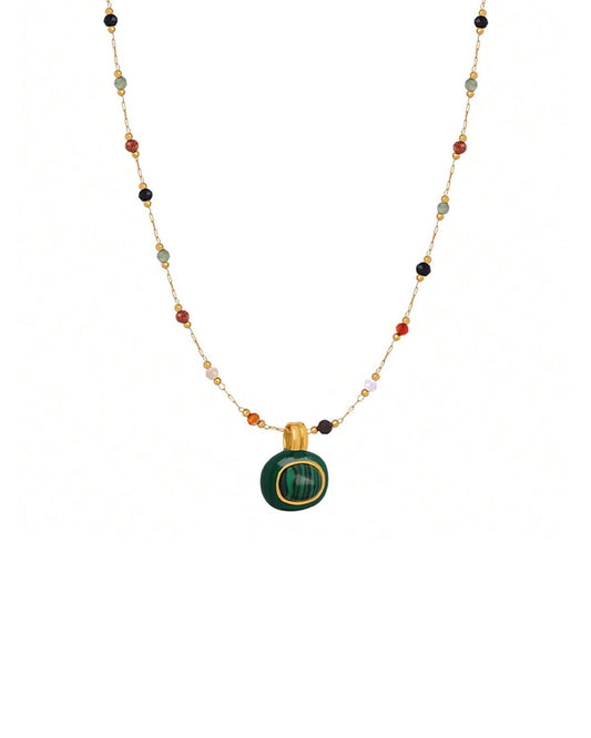 Karmiir Womens Pendant Necklace Beaded Natural Stones with Malachite Pendant -18K Gold-Plated Non-tarnish Necklace 18" Layering jewelry (multicolour necklace + green pendant)