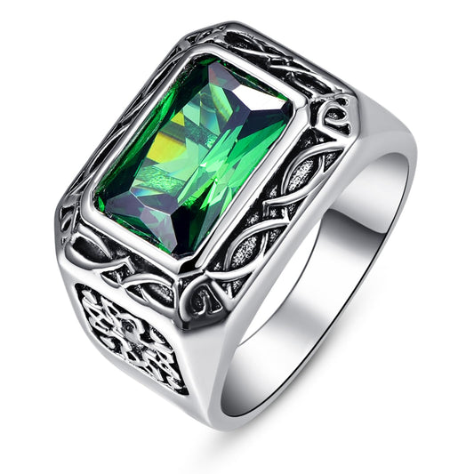 Yaresul Mens Emerald Ring Signet Rings for Men Stainless Steel Mens Ring Gemstone Rings for Men Vintage Celtic Wedding Band Gift for Husband Father Grandpa Size 10