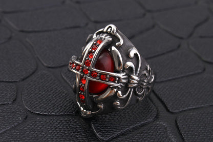 Gothic Style Men's Cross Ring with Red Gemstone