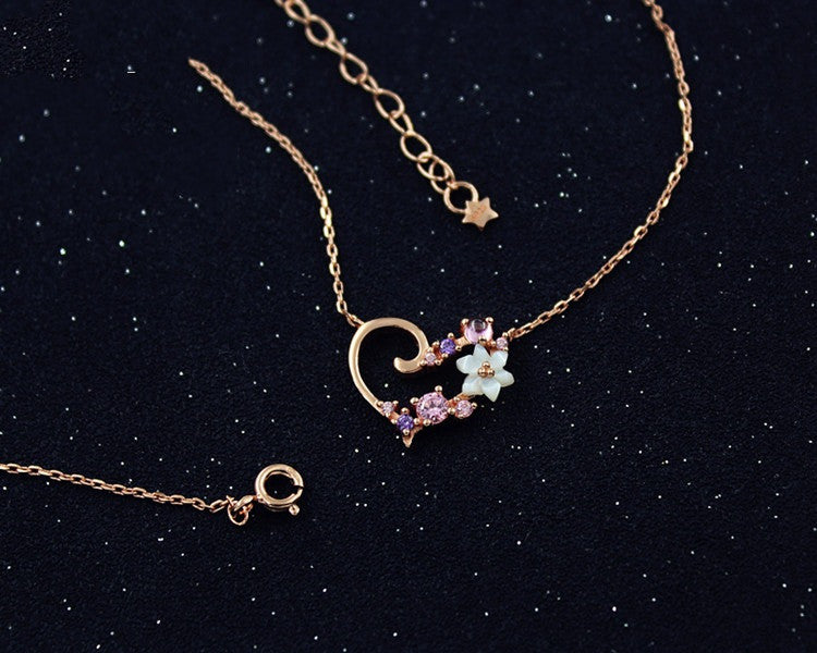 Japanese Style S925 Silver Shell Zircon Heart Necklace