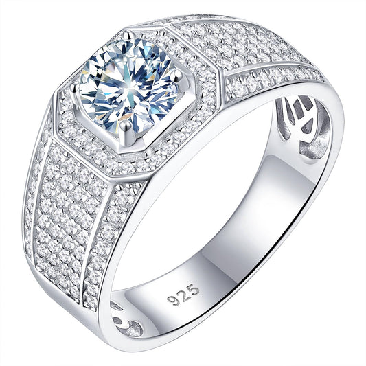 SweetJew Mens Moissanite Wedding Band Engagement Ring Solitaire Stone 925 Sterling Silver Ring 1.5cttw D Color VVS1 Clarity Brilliant Round Cut Size 9