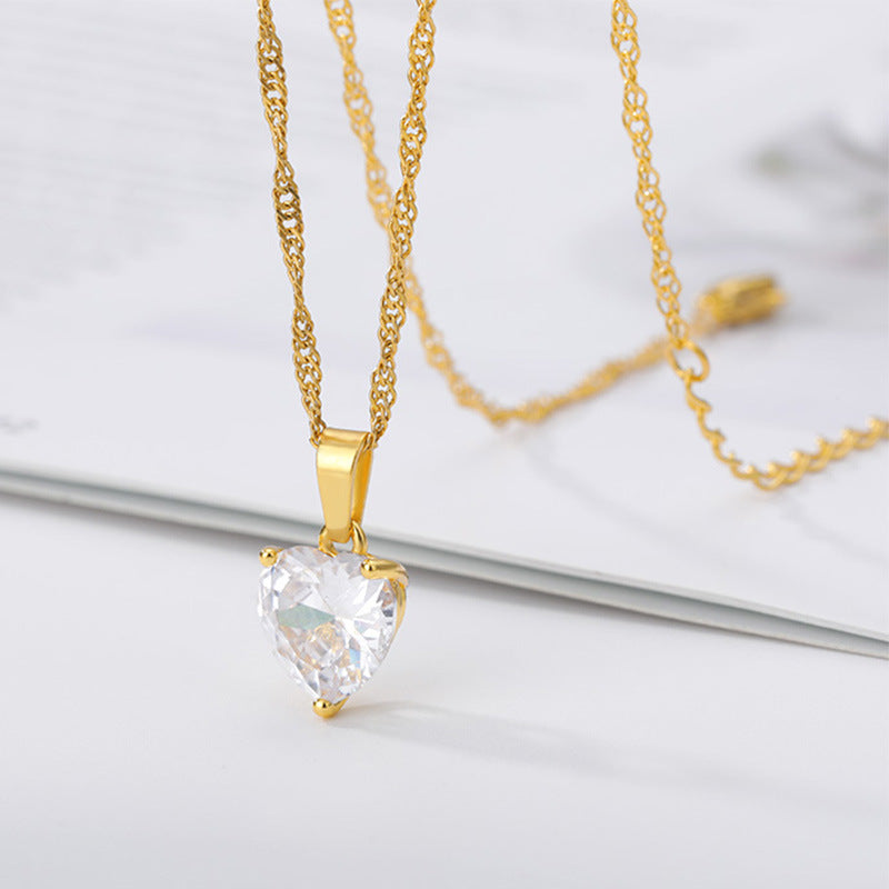 Korean Style Heart-Shaped Zircon Pendant Necklace