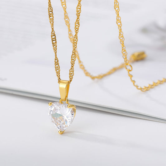 Korean Style Heart-Shaped Zircon Pendant Necklace