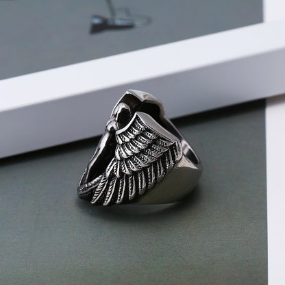 Men's Titanium Steel Ring with Gothic Cross and Wings
