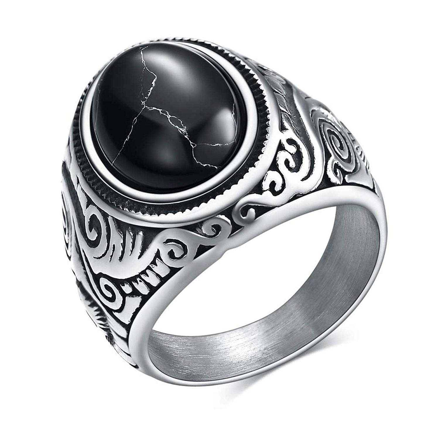 Retro Vintage Stone Rings for Men Turquoise Rings Stainless Steel Signet Biker Band (black 10.5)