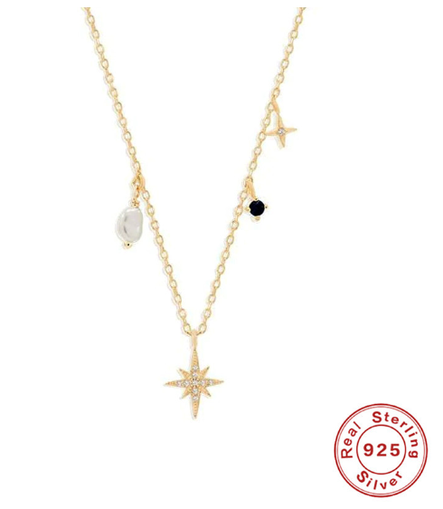 925 Silver Star and Moon Pendant Necklace (One Piece)