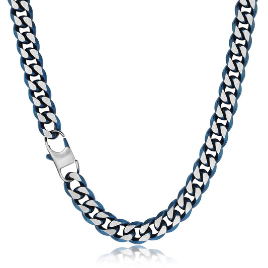 BAMIKI 10MM Wide Blue Chain Necklace for Men Women 316L Stainless Steel Big Thick Curb Cuban Link Chains Blue/Black/14K Gold Plated & Brushed Finish Silver Tone 18-24 Inches Long