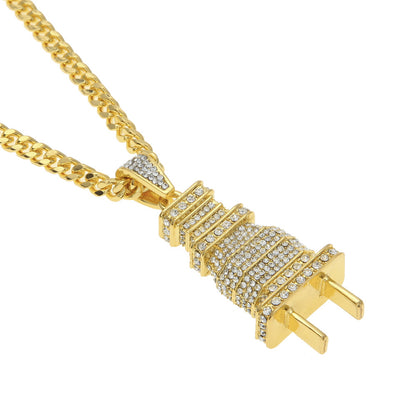 Full Rhinestone Plug Necklace with Hip Hop Pendant