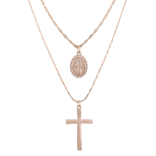 Cross Virgin Mary Pendant, Cross Necklace, Layered Coin Necklace