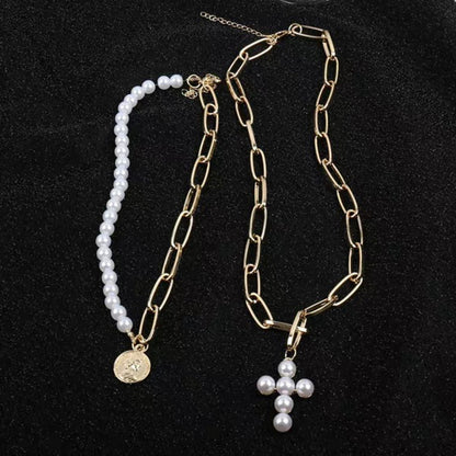 Vintage Pearl Cross Choker Necklace with Queen Pendant