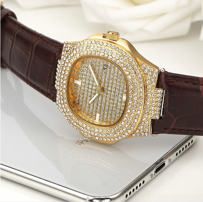 Women's Leather Strap Watch with Diamonds, Fashionable Design