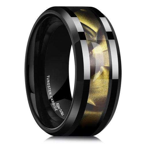 King Will Tungsten Carbide Wedding Band for Men - 8mm Black High Polished Inlay Olive Shell Texture Patterns for Everyday Wear Comfort Fit 9