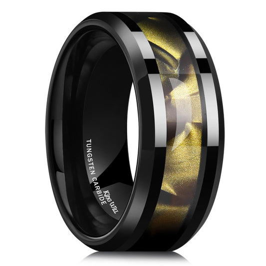 King Will Tungsten Carbide Wedding Band for Men - 8mm Black High Polished Inlay Olive Shell Texture Patterns for Everyday Wear Comfort Fit 9