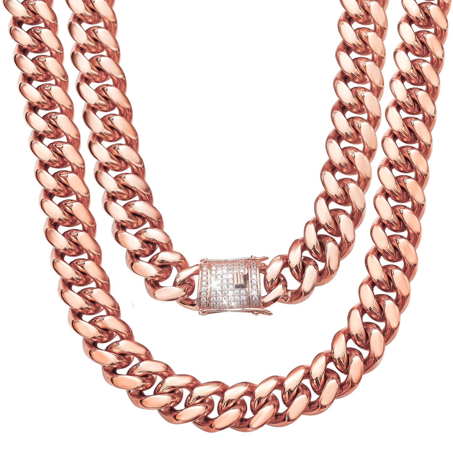WinTrend Cuban Link Chain Necklace or Bracelet with Bling Bling Cubic Zirconia Iced-Out Clasp for Men 10mm/14MM Rose Gold(10MM 16")