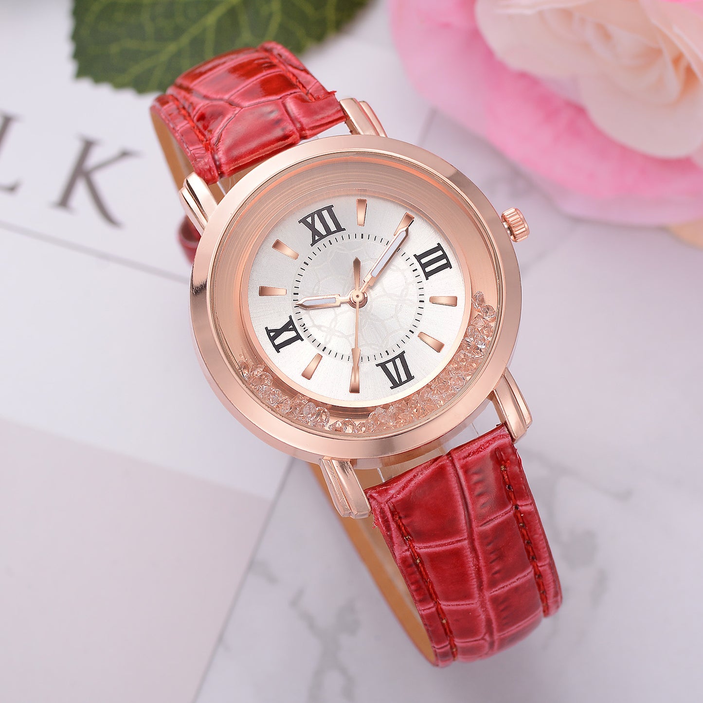 Women's Quartz Watch with Rhinestones and Leather Band