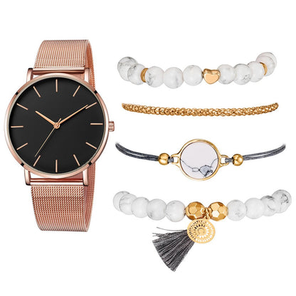 Casual Ladies Watch with Alloy Strap and Bracelet Combo